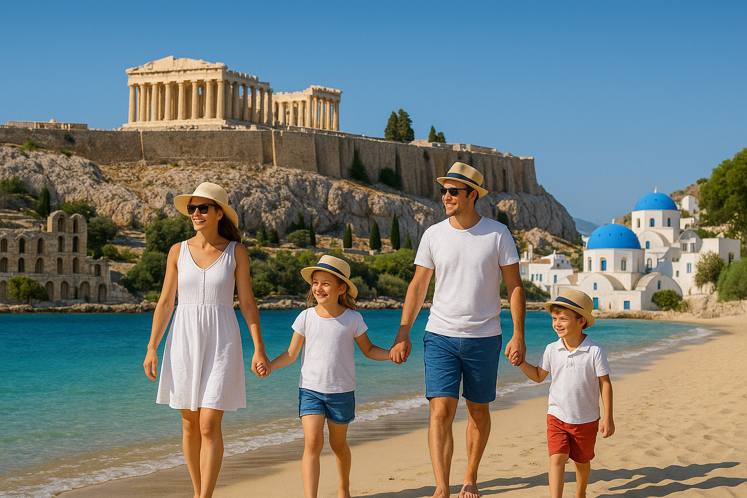 Famille marchant sur une plage grecque avec le Parthénon en arrière-plan : désert, souks et culture